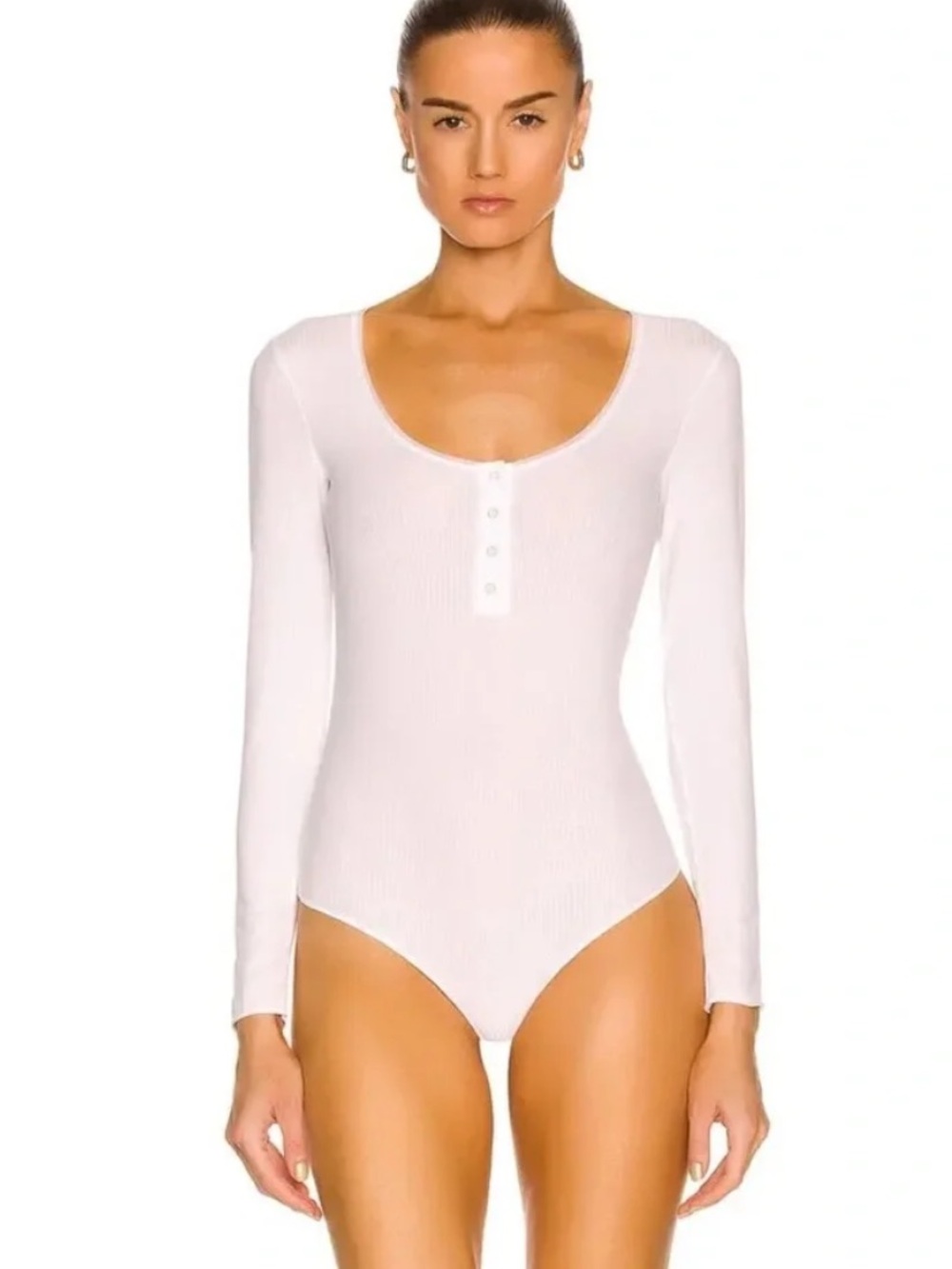 Wolford White Ribbed Long Sleeve Henley Bodysuit small